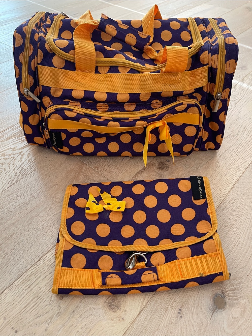 J GARDEN Polka Dot Travel Duffel Bag and cosmetic bag in Purple and Gold